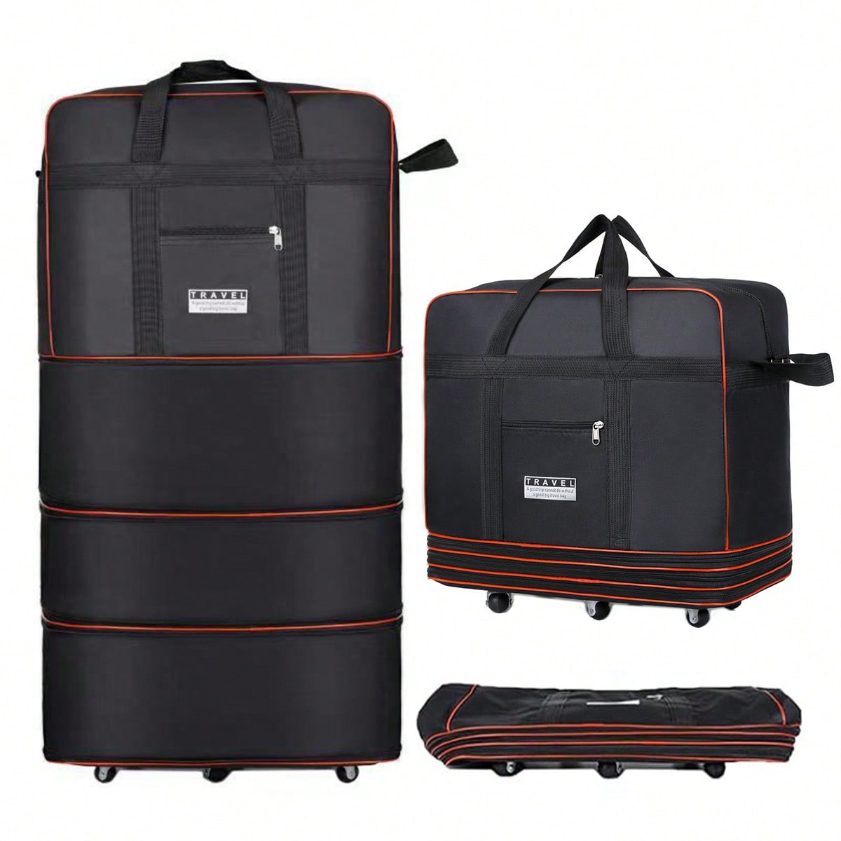 Foldable Rolling Luggage Bag - กระเป๋าเดินทางแบบมีล้อที่สามารถพับเก็บได้ สีดำ, กระเป๋าเดินทางแบบขยายได้และพับเก็บได้ มีล้อ, กระเป๋าเดินทางแบบมีล้อที่กันน้ำและมีน้ำหนักเบา, กระเป๋าเดินทางแบบมีล้อขนาดใหญ่