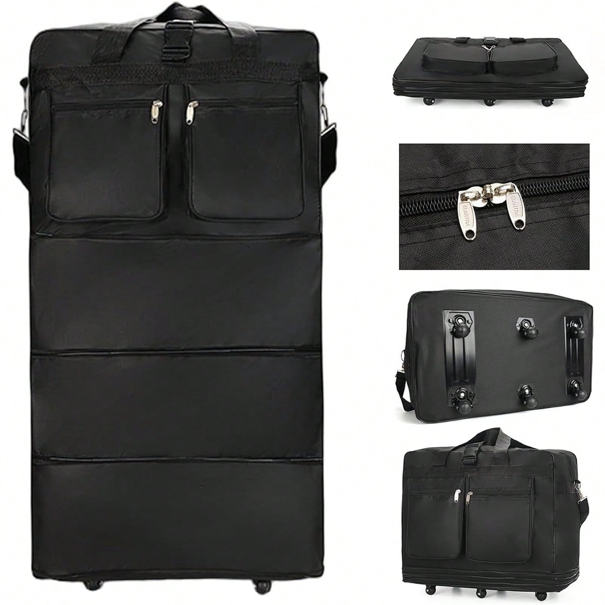 Foldable Rolling Luggage Bag - กระเป๋าเดินทางแบบมีล้อสีดำ ขยายและพับเก็บได้ กระเป๋าเดินทางขนาดใหญ่ จุของได้เยอะ เหมาะสำหรับพกขึ้นเครื่องบิน กระเป๋าเดินทางแบบมีล้อสำหรับผู้ชายและผู้หญิง